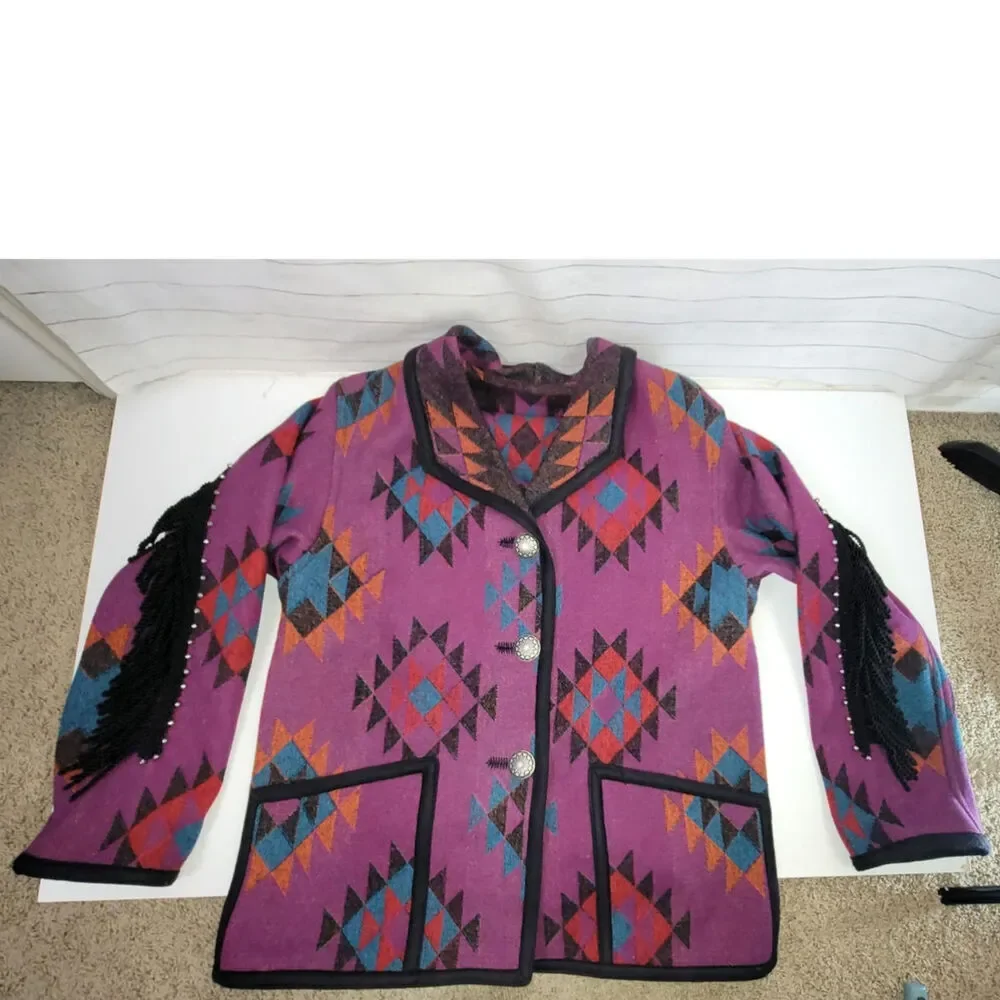 VINTAGE WOOL BLEND AZTEC PRINT BUTTON UP JACKET W FRINGE DETAIL, SZ LARGE
